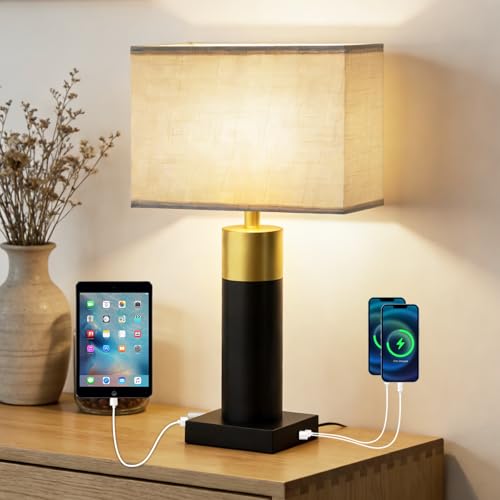 OYedis Table Lamps for Living Room 3-Way Dimmable Touch Bedside Lamp Modern Bedroom Lamp 22 Desk Lamp for Nightstands Bedroom with White Linen Shade Bulbs Included (Black+Gold)