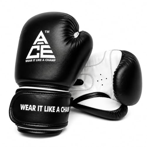 Image of ACE Genuine Leather Boxing Gloves | Adult Training Gloves for Sparring | Shock Absorbing Padding | Secure Wrist Strap | Punching Bag Workout | Black | 14 oz