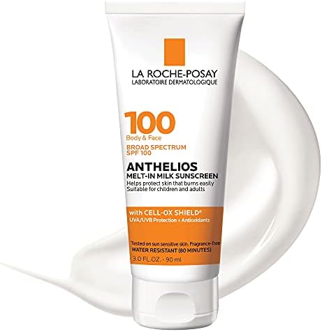 La Roche-Posay Anthelios Melt-in Milk Body & Face Sunscreen Lotion Broad Spectrum SPF 100, Oxybenzone & Octinoxate Free, Sunscreen for Kids, Adults & Sun Sensitive Skin, Unscented, 3 Fl oz