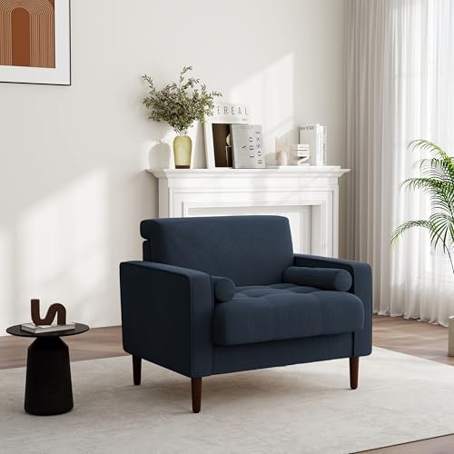Image of Accent Chair, Corduroy Upholstered Arm Chairs for Living Room, Comfy Armchair Mid-Century Track Armrest Single Sofa Bedroom Reading Seat with 2 Bolster Pillows - Navy Blue, Set of 2