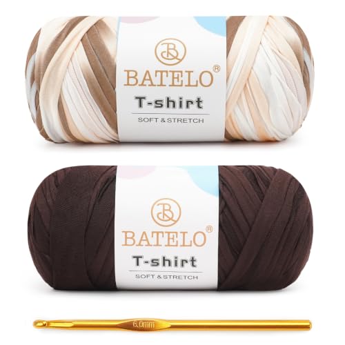 Image of 2 Pack T-Shirt Yarn for Beginner Crochet Bags /Basket /Coaster, 400g /144yds High Elastic Thick Polyester Fabric (White&Brown&Coffee)