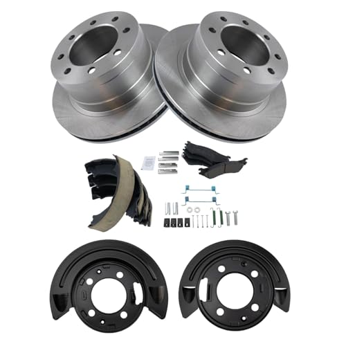 Image of TRQ Rear Brake Pad and Rotor Kit Brake Pads Rotor Backing Plate Parking Shoe Hardware Kit Parking Shoe Set Ceramic Compatible with 2003-2005 Dodge Ram 2500 Ram 3500