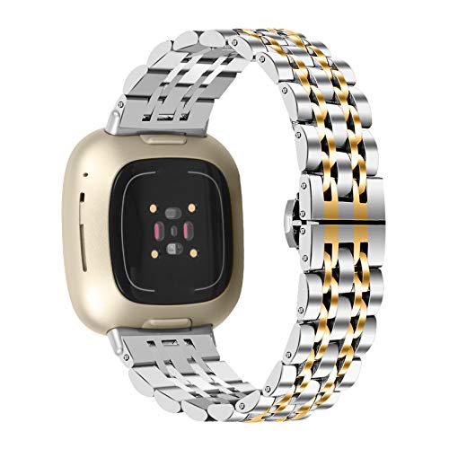 Gimartuk Compatible with Fitbit Versa 3/Fit bit Sense Strap for Women Men Solid Stainless Steel Versa 3 Band Replacement Strap Wristband Metal Band Bracelet for Sense Small Large (Silver+Gold) - Image 2