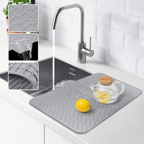 Image of CRIYALE Large Silicone Dish Drying Mat for Kitchen - Non-Slip Built-in Drain Lip | Hygienic Drying Pad Sturdy Compact Easy to Clean Tray Protects Surfaces Prevents Water Build Up 23 x 17 Inches (Grey)