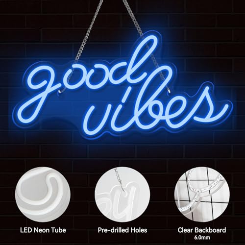 Image of Neon Sign Good Vibes, Dimmable LED USB Powerd Neon Light for Wall Decor, Holiday Party Home Bar Decoration Festival Celebration 15.7 inch x 7.7 inch, Blue