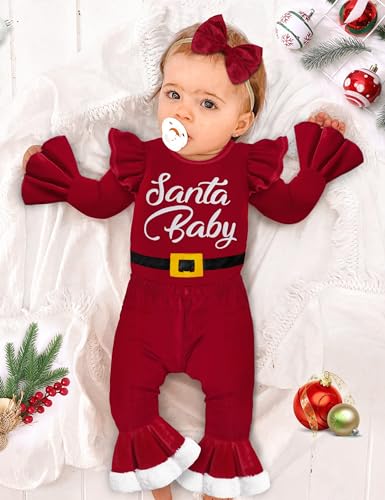 Baby Girl Christmas Outfit My First Christmas Ruffle Sleeve Santa Baby Romper + Velvet Bell Bottoms + Headband 3Pcs2