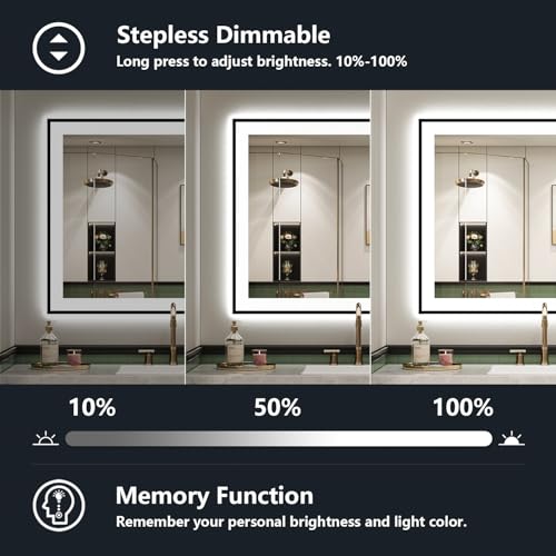 Image of 36x36 Inch LED Bathroom Mirror with Lights (Front Lit and Backlit) Black Framed Lighted Vanity Mirror for Bathroom Wall Dimmable Anti-Fog Memory Tempered Glass Horizontal /Vertical