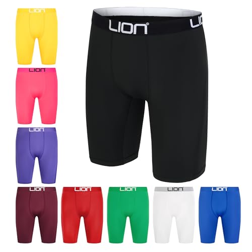 LION SPORTSWEAR Pantalones cortos de compresión para fútbol y deportes, capa base multiusos para hombres y niños, ideal para gimnasio, entrenamiento y correr, Negro, 10-12 Years