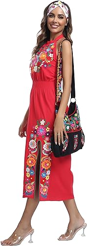 Image of Womens Mexican Floral Embroidered Halter Maxi Dress Side Slit Boho Dress