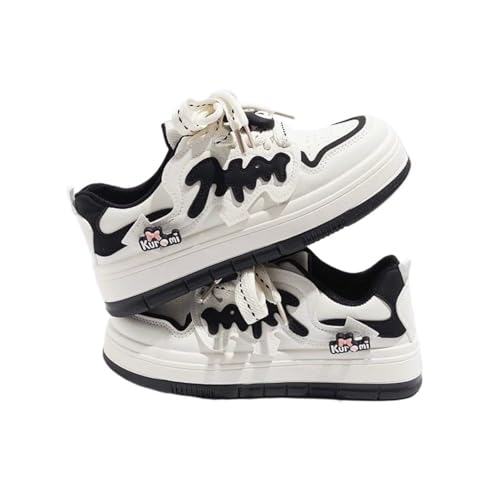 MACEFIL Women's Fashion Kuromi Y2K Platform Sneakers Breathable Comfort Cute Cartoon Casual Walking White Shoes (7.5,Black&White)