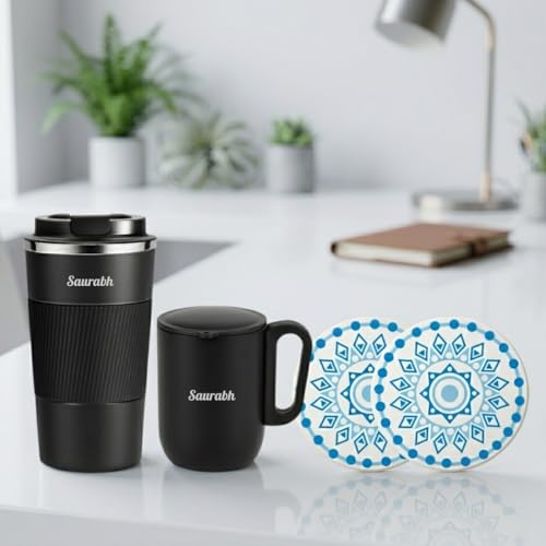 Image of Giftana 3 in 1 Personalized Tumbler with Coffee Mug 180ml & 2 Coasters - Customized Gift Set for Men & Women, Ideal for Husband, Father, Corporate Gifts for Employee (Black)