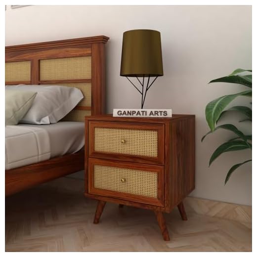 Ganpati Arts Sheesham Wood Cane Bedside End Table Decorative Side Tables with 2 Drawers Storage for Bedroom Living Room Hotel (Natural Finish) 1 Year Warranty