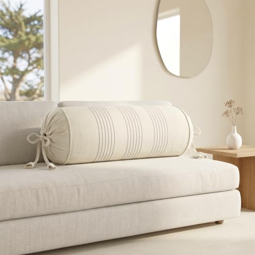 Image of SAJAVAT HOME Pure Cotton Stripe Bolster Cover | Decorative Round Cylindrical Pillow Cover for Sofa, Bed & Diwan | Soft & Breathable Cushion Cover | Beige with Grey Pinstripe | Pack of 2