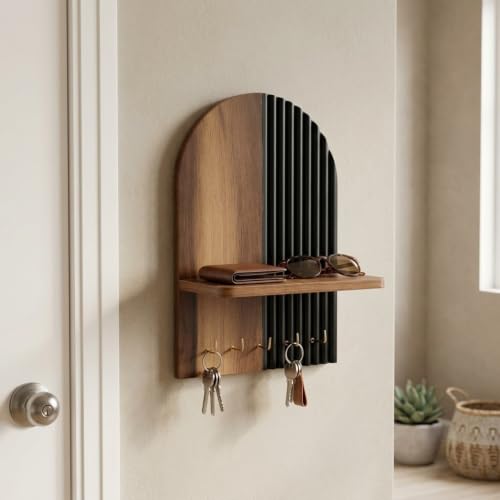 Image of Home Sparkle Wall Mounted Key Holder for Home Entrance with Shelf | MDF Wooden Key Stand with Premium Paint Finish | Modern Key Hanger Organizer for Keys, Essentials | 6 Hooks | Black & Walnut