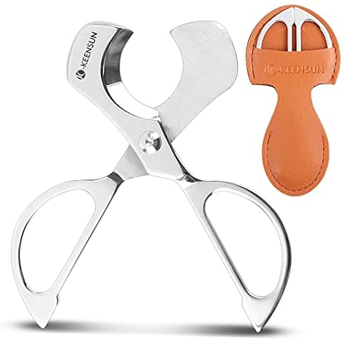 KEENSUN Cigar Scissors Cutter, Stainless Steel Guillotine Double Blade Straight Cut Scissors (Silver) with Leather Case Cigar Accessories for Cigars(2.09" Handle Width) Cover