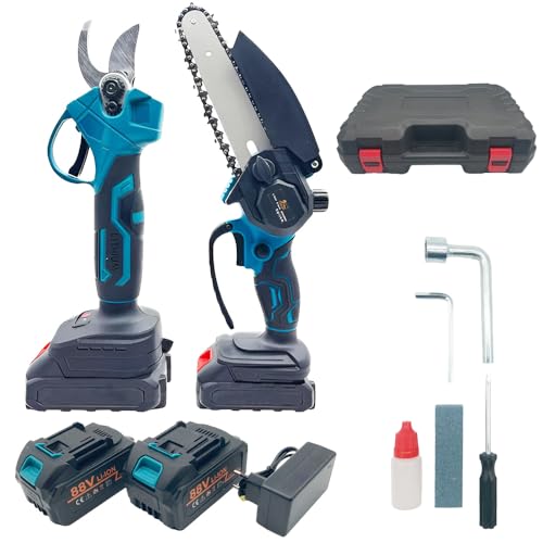 Set Mini Motosega Elettrica 6” E Tronchese Elettrica – Kit Potatura Completo Con 2 Batterie, Forbici Elettriche Da Giardino