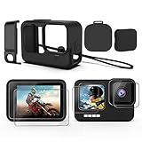 Accessories Kit for GoPro Hero 10/9 Black, Silicone Sleeve Protective Case with Rubber Cap + 6Pcs Tempered Glass Screen Protector with Lens Cover Cap for GoPro Hero 10/9