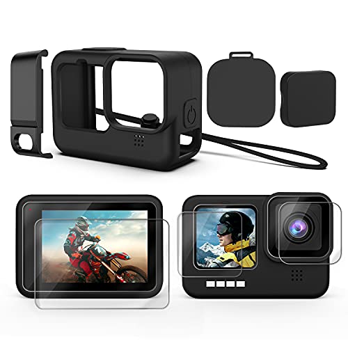 Accessories Kit for GoPro Hero 10/Hero 9 Black, Silicone Sleeve Protective Case with Rubber Cap + 6Pcs Tempered Glass Screen Protector with Lens Cover Cap for GoPro Hero 10/Hero 9