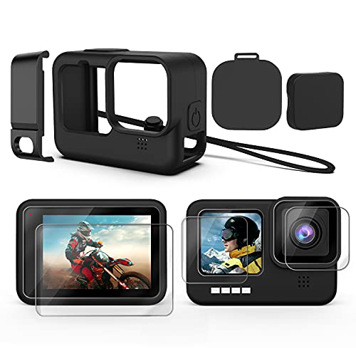 Kuptone Accessories Kit for 11 10 9, Silicone Sleeve Protective Case with Rubber Cap + 6Pcs Tempered Glass Screen Protector with Lens Cover Cap