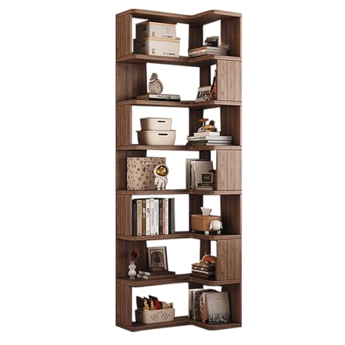Estantería de esquina alta moderna – Estantería de madera en forma de L de 5/6/7 estantes, elegante almacenamiento para sala de estar, dormitorio, cocina y oficina en casa (marrón, 90 x 50 x 222 cm)