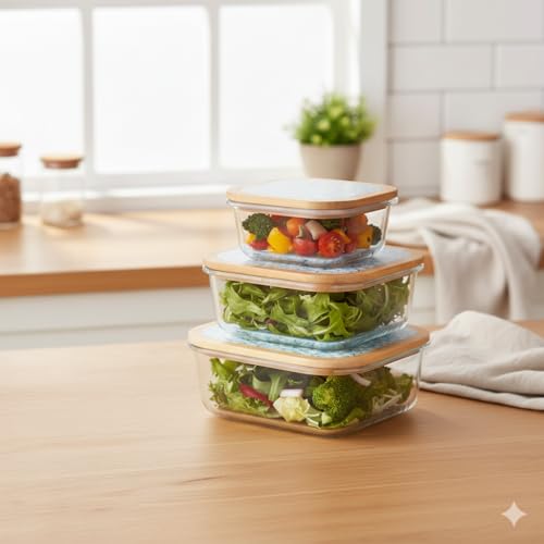 The Better Home Pack of 3 Borosilicate Glass jar for Kitchen Storage Jars Containers with Bamboo Lid | 310ml 510ml 800ml|Kitchen Organizer Items and Storage | Dandy Daisies Print