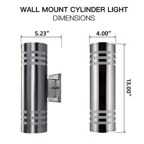 Outdoor Wall Sconce,Cylinder Porch Wall Light With Stainless Steel 304 And Toughened Glass,Waterproof Up Down Light For Garden Patio Bedroom Living Room (Silver,13" Height,No Bulbs) #TOP5