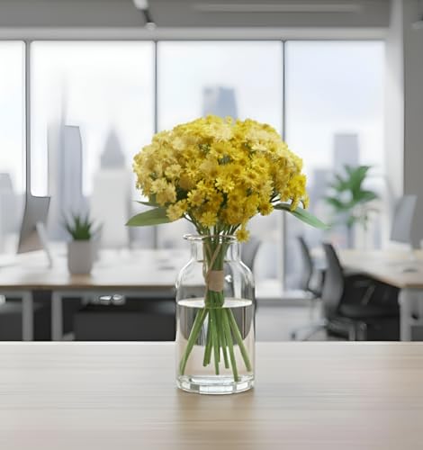 Image of Artificial Baby Breath Yellow Flower Bouquet - 12 Stems, 28cm Height Faux Daisy Bunch with Green Leaves for Home, Office, Wedding & Party Decoration