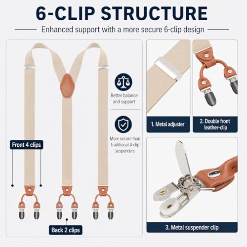 Image of Men's Heavy Duty Y-Back Suspenders, 6 Strong Metal Clips Adjustable Elastic Straps for Work, Tuxedos, and Daily Wear