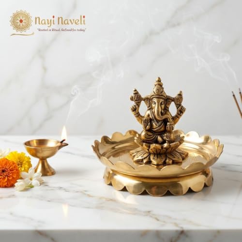 Image of Brass Shree Yantra Lotus Stand | Decorative Brass Yantra for Pooja Temple Home Office and Spiritual Decor | 10 x 10 x 4 Cm | 100 g