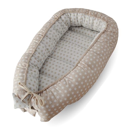 SEB MARKET | Nido Bebé 0 7 Meses 100% Algodón Certificado OEKO TEX, Reductor de Cuna y Cuna de Viaje   Nido Bebé Acolchado y Mullido, Ideal para Colecho y con Lazo Ajustable 100% Made in Spain (Beige)