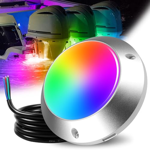 HUSUKU RS12 12000LM Underwater Marine Light for Boat Dock 60LED RGB 5IN 120W 12vDC All-Metal Body IP68 Waterproof Ultra Bright Color Change Boat LED Light Yacht Transom Pontoon Sailboat Fishing