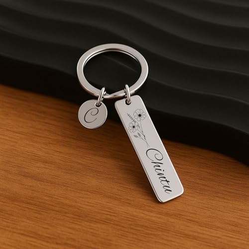 Image of Personalized Double-Sided Stainless Steel Keychain, Custom Name and Birth Flower Engraving, Initial Charm, Silver