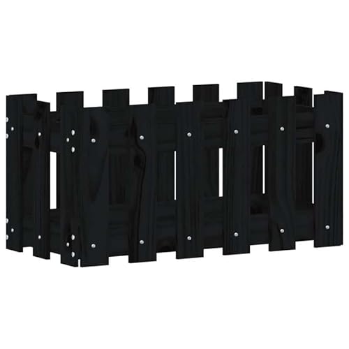 Macetero con diseño de valla de listones negro, 60 x 30 x 30 cm, de madera de pino maciza, para jardín, balcón y terraza, duradero y resistente a la intemperie