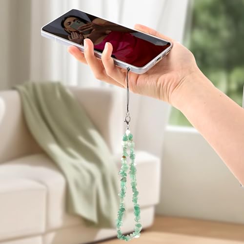Yuomeaz Handykette Perlen, Grün Handykette Kurz, Kristall-Steine Handy Anhänger Universal für Handydekoration, Schlüsselanhänger und Anti Lost Telefon