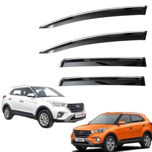 Image of CAR SAAZ Unbreakable Chrome Smoke Door Visor for Creta Type 1 & 2 (2015-2019)| Premium Sun, Rain Wind Deflector Chrome Strip Side Door Rain Visor - Set of 4 Pcs