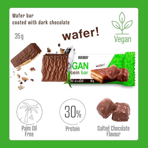 Weider Vegan Protein Bar (12x35g) Salted Chocolate Flavour. 100% Vegan Wafer Bar with 30% Pea and Rice Proteins, Crispy and Coated with Dark Chocolate. Palm oil free - Image 4