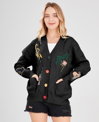 utcoco Womens Open Front Cardigan Cable Knit Long Sleeve Button Down Embroidery Cardigan Sweaters2