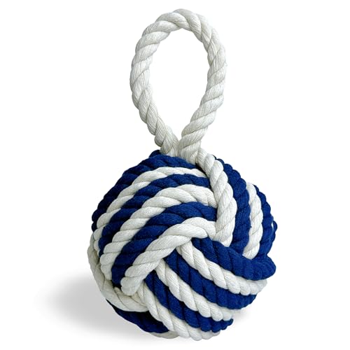FUVLFAL 3.3LB Rope Knot Door Stops Decorative Nautical Door Stopper with Handle, Weighted Interior Round Doorstop for Door and Window - Flexible Door Stopper - Blue & Beige (5.9)