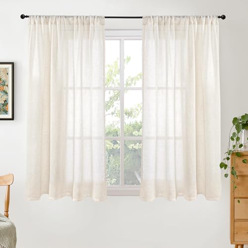Image of BGment Beige Linen Curtains 48 Inch Length for Windows, Semi Sheer Drapes Light Filtering for Short Bedroom Bathroom Decor Rustic Lightweight Rod Pocket, 2 Panels Set, 42 Inch Wide
