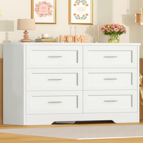 TEENFON Comoda Dormitorio 6 Cajones Blanca, Cómoda y Cajonera Multifunción para Dormitorio - Sinfonier Blanco de Gran Capacidad, Ideal para Salón y Entrada, 107x35x75.5 cm