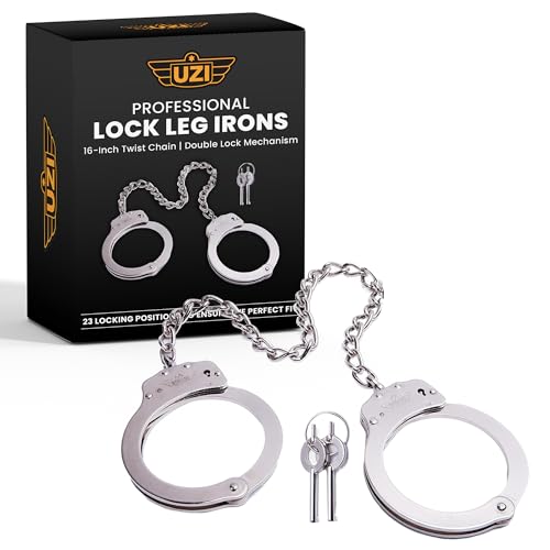 UZI 16-Inch Twist Chain Double Lock Leg Irons - Police Grade Stainless Steel Leg Shackles for Police, Military, Law Enforcement - Great for Fun, Play, Games, Parties & More–UZI-HC-Leg, Silver