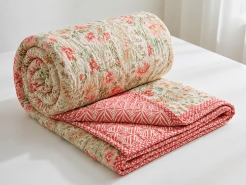 Image of IVAZA Luxury Ultrasonic Punch AC Comforter Blanket - Quilted Microfiber Floral Pattern, Lightweight Breathable All‑Season Blanket for Bedroom, Travel (Single Bed,228x152 CM) Rose Beige