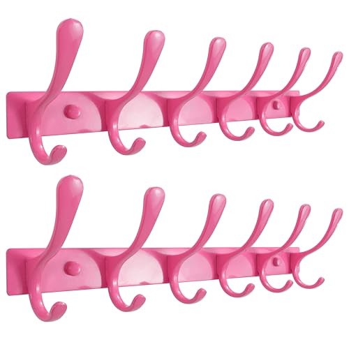 SKOLOO Wall Mounted Coat Rack - 6 Hooks, Pack of 2, Heavy Duty, Stainless Steel, Metal Wall Hanger, Sturdy Coat Hooks for Hanging Coats, Jackets, Clothes, Hats - Pink