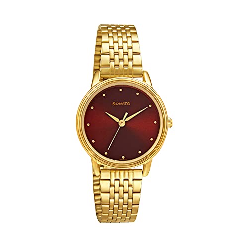 Sonata Gold Edit Maroon Dial Gold Stainless Steel Strap Watch for Women - NT8175YM03