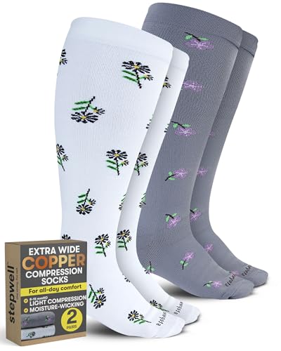 STEPWELL Copper Plus Size Compression Socks Wide Calf - 2 Pairs | Wide Calf Compression Socks Women | Easy On/Easy Off Circulation Support | Flowers-3XL