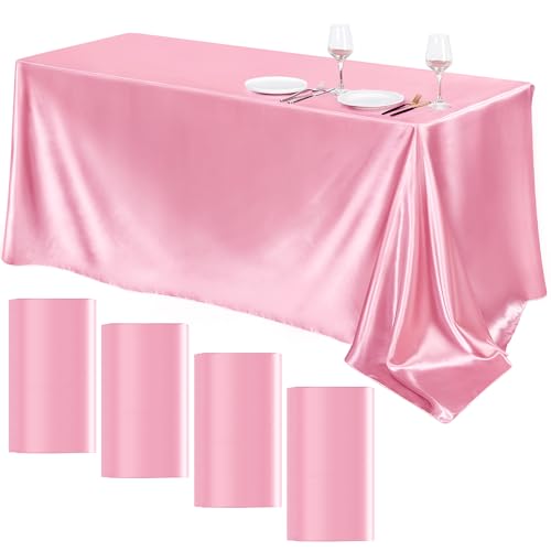 Image of TURSTIN 4 Packs Pink Satin Tablecloth 102 x 58 Inch Overlay Satin Table Cover Rectangle Bright Silk Tablecloth Smooth Fabric Table Decoration for Wedding Banquet Party Events