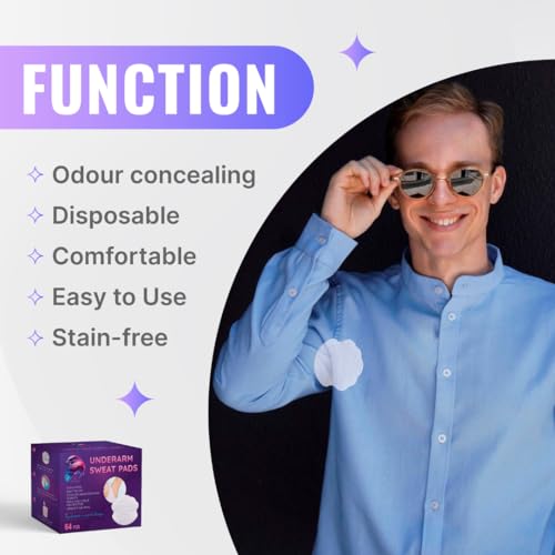 Swearx Underarm Sweat Pads for Women and Men - Disposable Armpit Sweat Blocker - Comfortable, Thin, Stick-On Sweat Guard Pads for Underarms - Prevents Sweat Stains, Pack of 64, Armpit liners