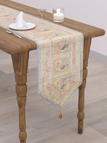 Image of Banarasi Brocade Zari Silk Table Runner Dinning & Centre Table Runner 177 By 30 CM (Grey, Peacock)