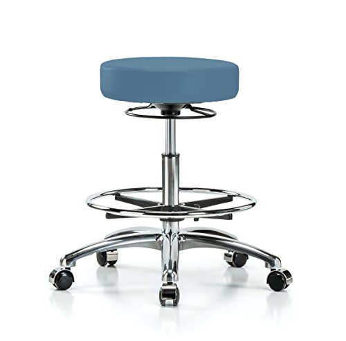 Image of Perch Chrome 360 Degree Height Adjustable Swivel Stool with Foot Ring | Medium Bench Height 20.5-28 inch | Colonial Blue Vinyl