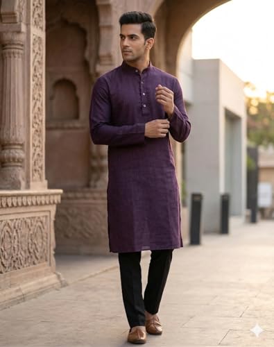 Image of Men's Traditional Ethnic Kurta Long Solid Casual Wine